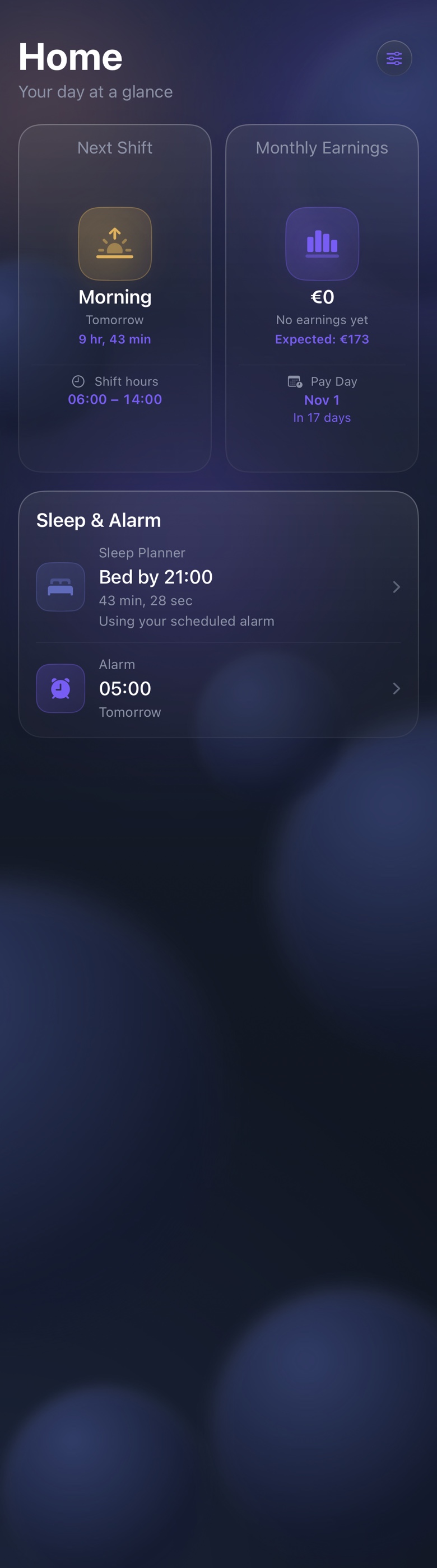 Actual ShiftMoon Home screen showing the next shift, monthly earnings, sleep planning and an alarm. Example data.